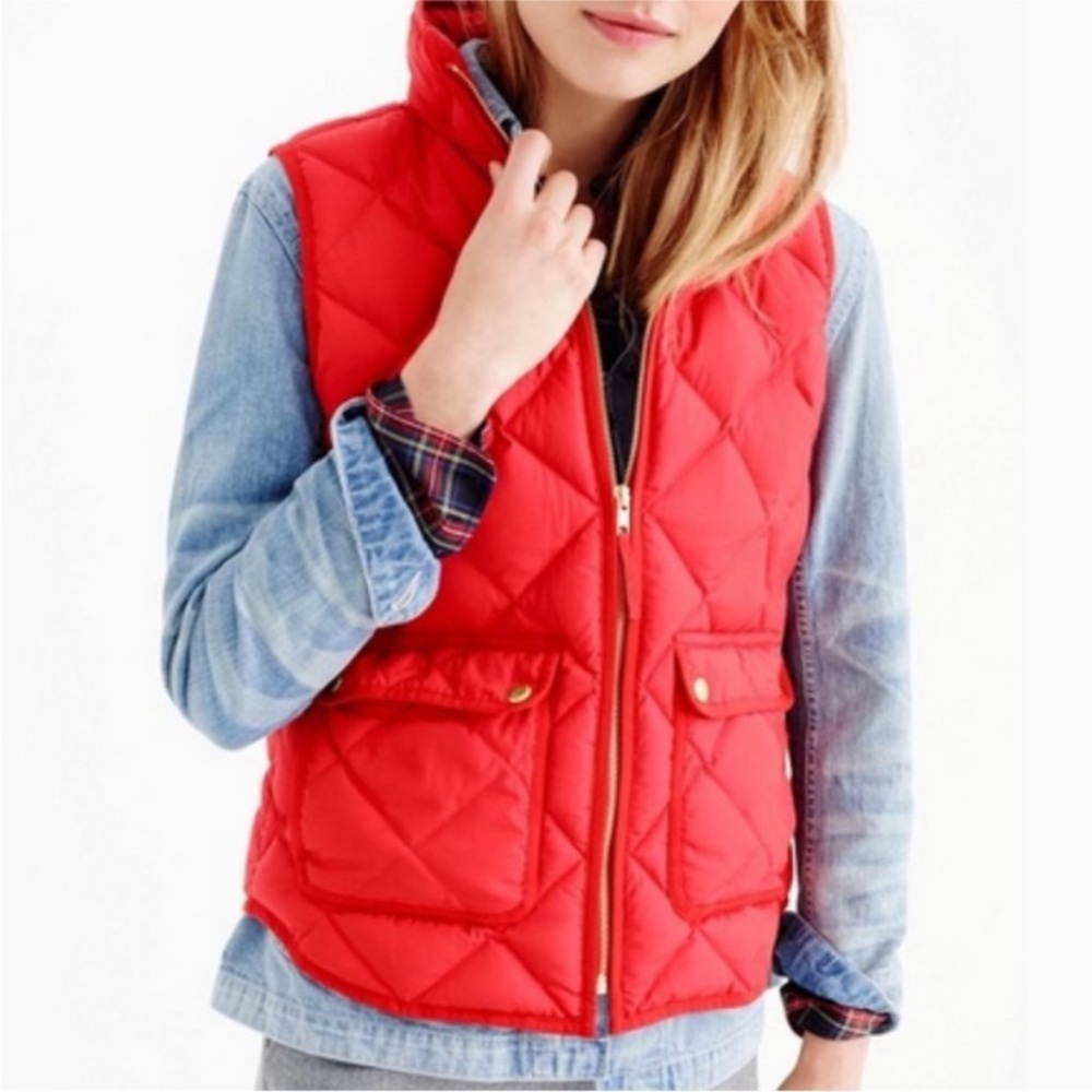 Women’s J. Crew Quilted Puffer Vest Red Snap Pockets XS